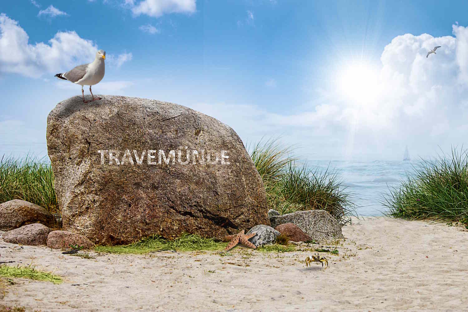 Travemünde Stein mit Möwe am Strandzugang